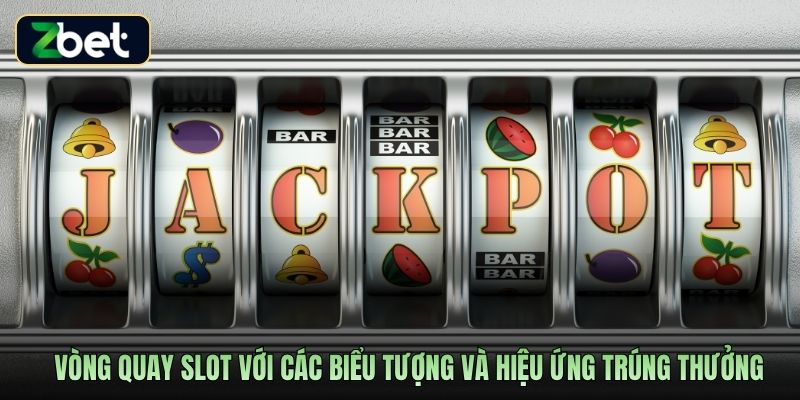 Vòng quay slot với các biểu tượng và hiệu ứng trúng thưởng